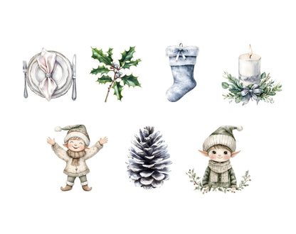 Silver Christmas Clipart Bundle, Silver Christmas Elements Clipart, Watercolor Christmas Clipart, Neutral Christmas png, Winter Christmas
