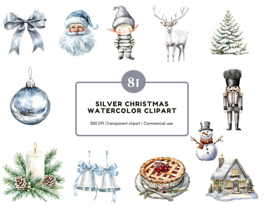 Silver Christmas Clipart Bundle, Silver Christmas Elements Clipart, Watercolor Christmas Clipart, Neutral Christmas png, Winter Christmas
