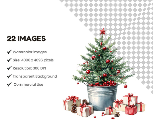 Watercolor Potted Christmas Clipart, Potted Christmas Tree Clipart Bundle png, Christmas Pot Clipart, Christmas Tree Clipart png