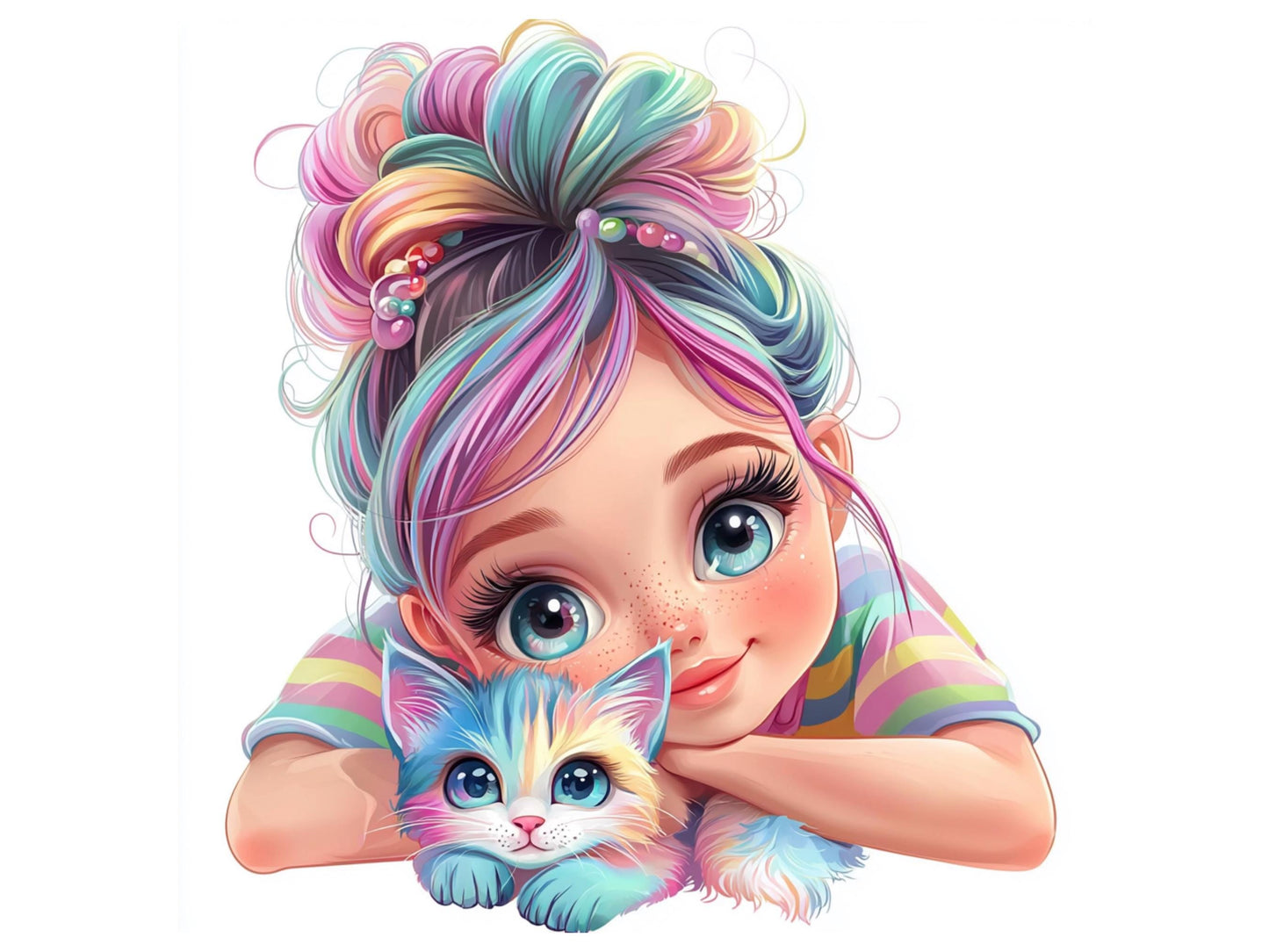 Girl With Kitten Clipart, Quirky Girl Clipart, Girl With Cat Clipart, Quirky Girl png, Whimsical Girl Clipart, Curli Hair Girl Clipart png