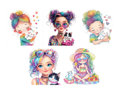 Girl With Kitten Clipart, Quirky Girl Clipart, Girl With Cat Clipart, Quirky Girl png, Whimsical Girl Clipart, Curli Hair Girl Clipart png