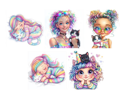 Girl With Kitten Clipart, Quirky Girl Clipart, Girl With Cat Clipart, Quirky Girl png, Whimsical Girl Clipart, Curli Hair Girl Clipart png