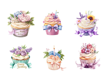 Watercolor Birthday Cupcake Clipart png Bundle, Birthday Cake Clipart, Cupcakes Clipart png, Cupcake png Bundle, Flower Cupcake Clipart