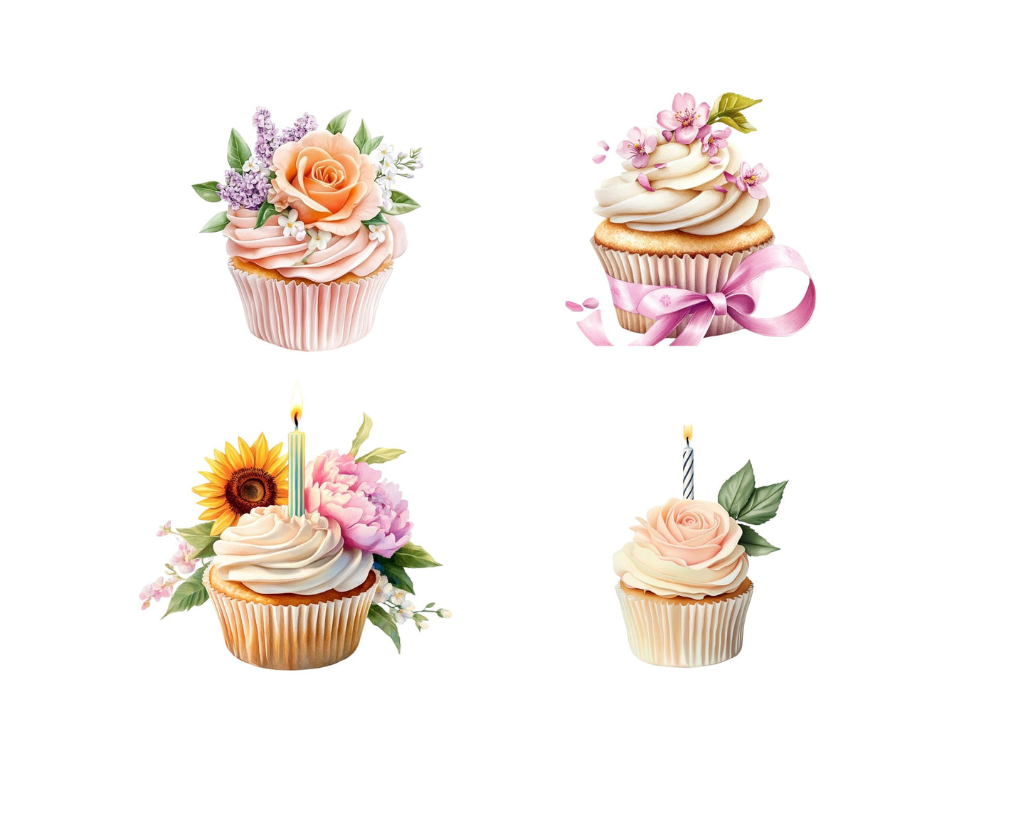 Watercolor Birthday Cupcake Clipart png Bundle, Birthday Cake Clipart, Cupcakes Clipart png, Cupcake png Bundle, Flower Cupcake Clipart