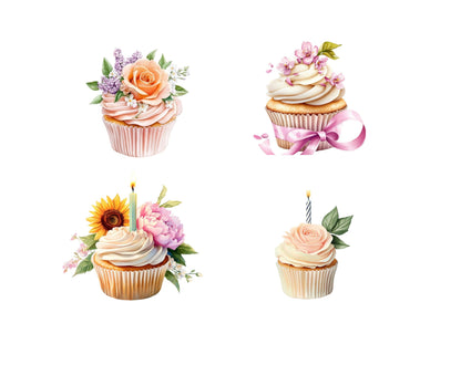 Watercolor Birthday Cupcake Clipart png Bundle, Birthday Cake Clipart, Cupcakes Clipart png, Cupcake png Bundle, Flower Cupcake Clipart