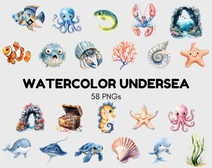 Watercolor Undersea Animal Clipart Bundle, Nursery Decor (PNG)