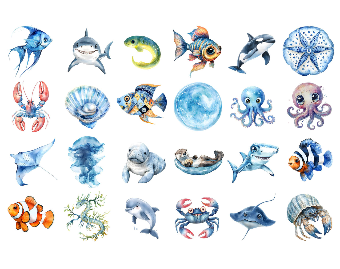 Watercolor Undersea Animal Clipart Bundle, Nursery Decor (PNG)