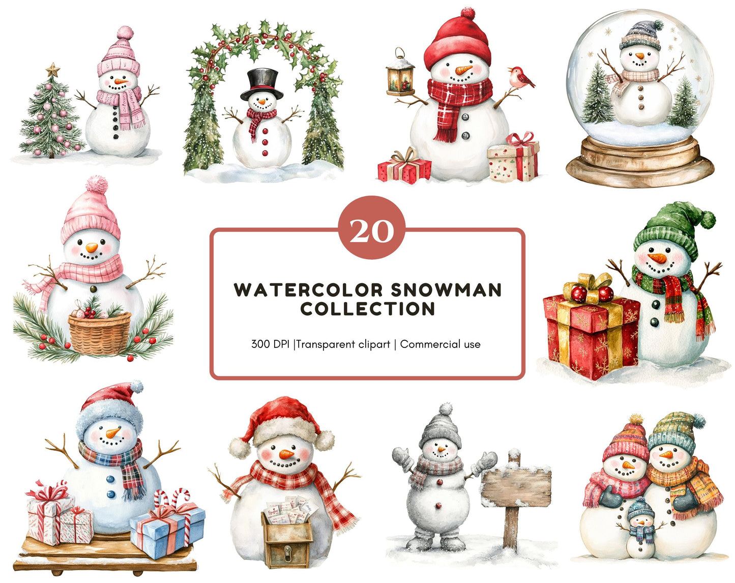 Aquarell-Schneemann-Clipart-Bundle (PNG), Schneemann-Clipart-Sammlung, Schneemann-Clipart mit hervorlugendem Gesicht, Winter-Feiertags-Clipart, Schneemann-Weihnachts-Clipart (PNG)