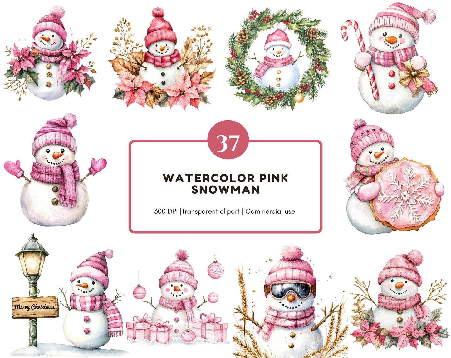 Pink Snowman Collection Clipart, Watercolor Snowman Clipart Bundle png, Festive Snowman CLipart, Cute Snowman Clipart png, Snowman png