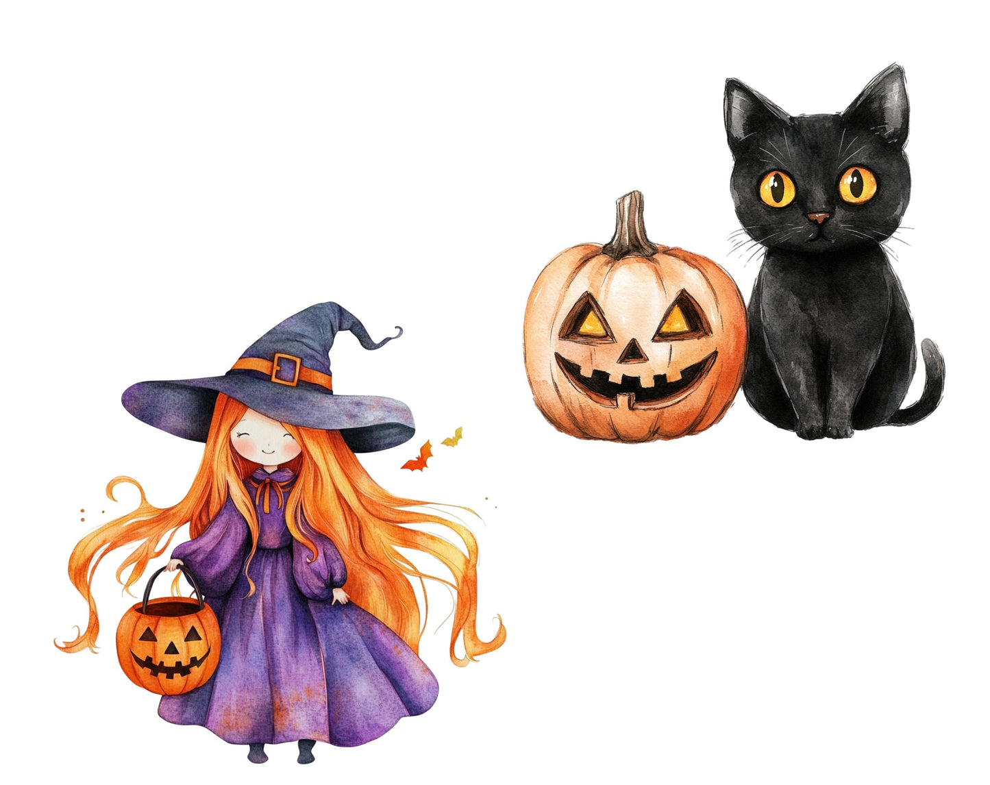 Watercolor Halloween Clipart Bundle, Cute Halloween Clipart png, Witch Clipart, Pumpkin CLipart, Black Cat Clipart, Halloween Decoration png