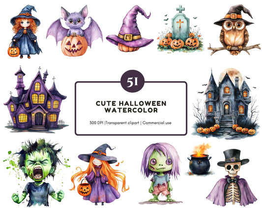 Watercolor Halloween Clipart Bundle, Cute Halloween Clipart png, Witch Clipart, Pumpkin CLipart, Black Cat Clipart, Halloween Decoration png