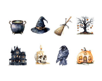 Watercolor Cute Halloween Clipart Bundle, Halloween Clipart png, Witch Clipart, Pumpkin Clipart, Black Cat Clipart, Halloween Decoration png