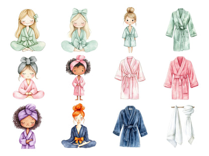 Spa Party Clip Art Bundle – Watercolor Glam Girl Birthday PNG Bundle (55 Files)