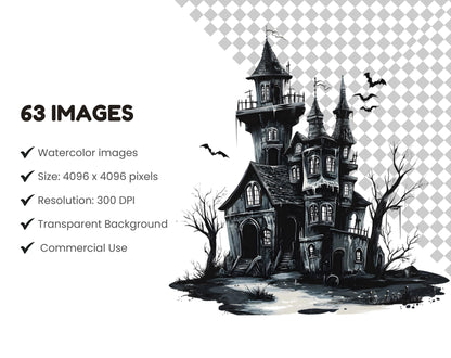 Watercolor Cute Halloween CLipart Bundle png, Cute Halloween Clipart, Halloween Clipart png, Spooky png, Ghost Clipart, Haunted House png