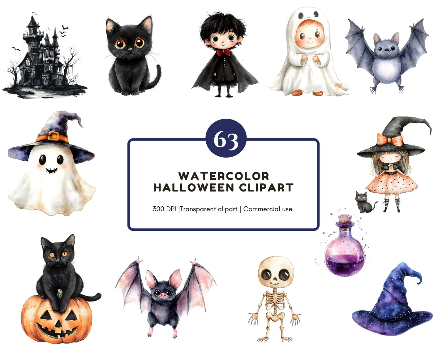Watercolor Cute Halloween CLipart Bundle png, Cute Halloween Clipart, Halloween Clipart png, Spooky png, Ghost Clipart, Haunted House png