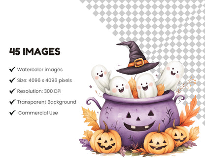 Kawaii Halloween Clipart, Watercolor Halloween Clipart, Cute Halloween Clipart, Halloween Decor Clipart, Halloween png, Halloween Graphics