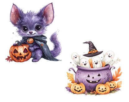 Kawaii Halloween Clipart, Watercolor Halloween Clipart, Cute Halloween Clipart, Halloween Decor Clipart, Halloween png, Halloween Graphics
