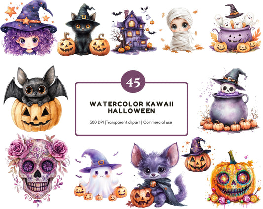 Kawaii Halloween Clipart, Watercolor Halloween Clipart, Cute Halloween Clipart, Halloween Decor Clipart, Halloween png, Halloween Graphics