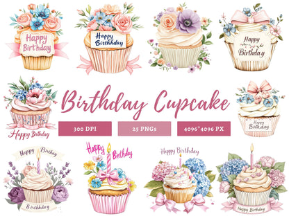 Watercolor Birthday Cupcake Clipart Bundle, Happy Birthday Clipart, Birthday Clipart png, Cupcake Clipart, Birthday Graphics, Cupcake png