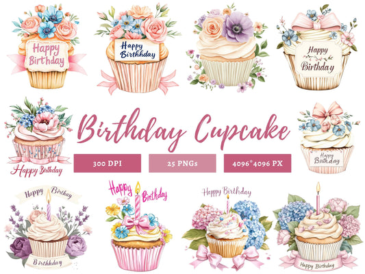 Watercolor Birthday Cupcake Clipart Bundle, Happy Birthday Clipart, Birthday Clipart png, Cupcake Clipart, Birthday Graphics, Cupcake png