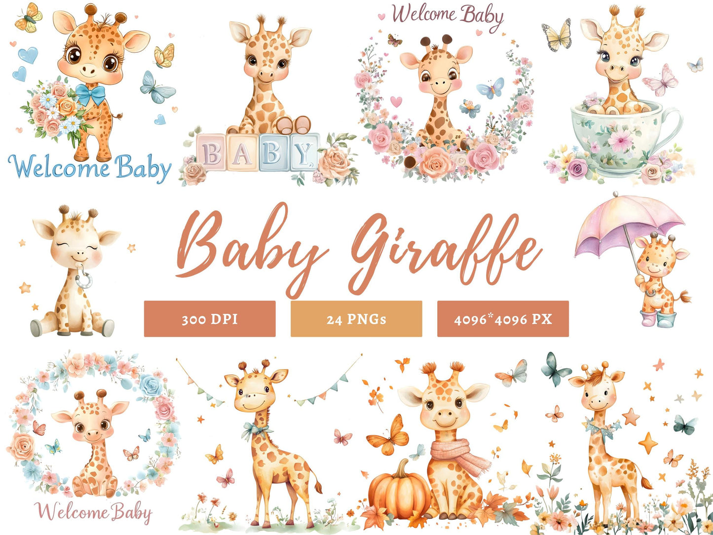 Baby Giraffe Clipart, Welcome Baby Clipart, Watercolor Baby Giraffe png, Cute Giraffe Clipart, Baby Shower, Nursery Decor, Cute Baby Animal