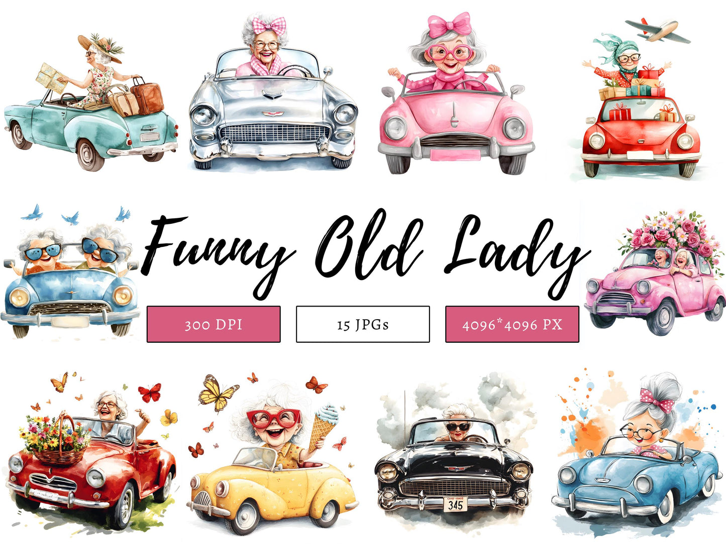 Funny Old Lady Clipart Bundle png, Watercolor Funny Old Lady Clipart, Funny Lady Clipart, Old Lady Clipart, Grandma Clipart, Women Clipart
