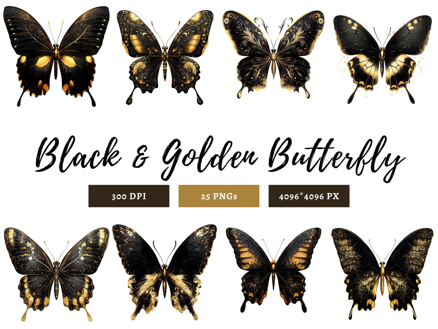 Schmetterlings-Cliparts in Schwarz und Gold, Schmetterlings-Clipart-Bundle (PNG), Aquarell-Schmetterlings-Cliparts, goldene, funkelnde Schmetterlings-Cliparts