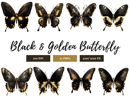 Black And Golden Butterfly Clipart, Butterflies Clipart Bundle png, Watercolor Butterfly Clipart, Golden Sparkling Butterfly Clipart