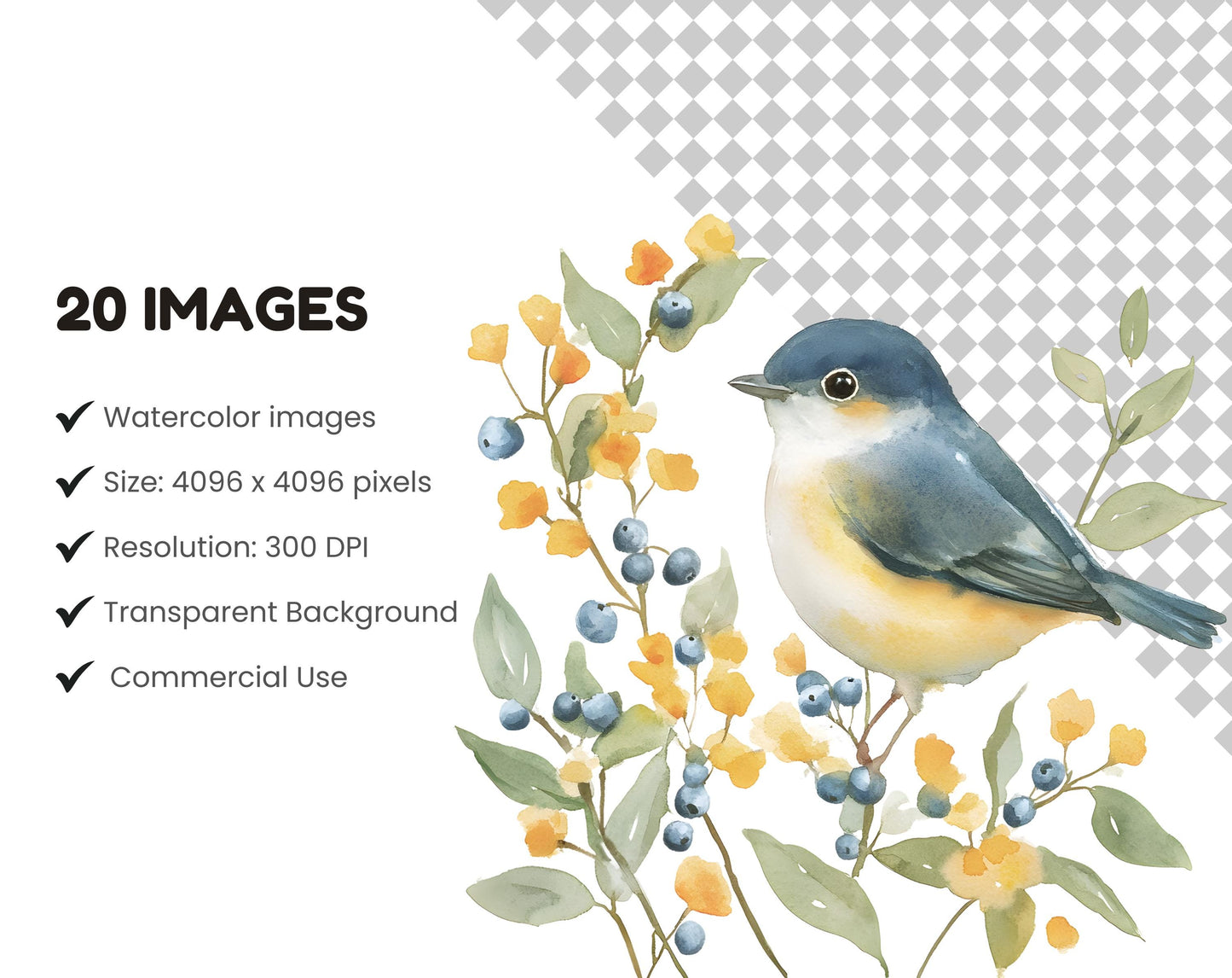 Scandinavian Birds Clipart Bundle, Watercolor Birds Clipart png, Floral Bird Clipart, Watercolor Scandinavian Bird png, Instant Download