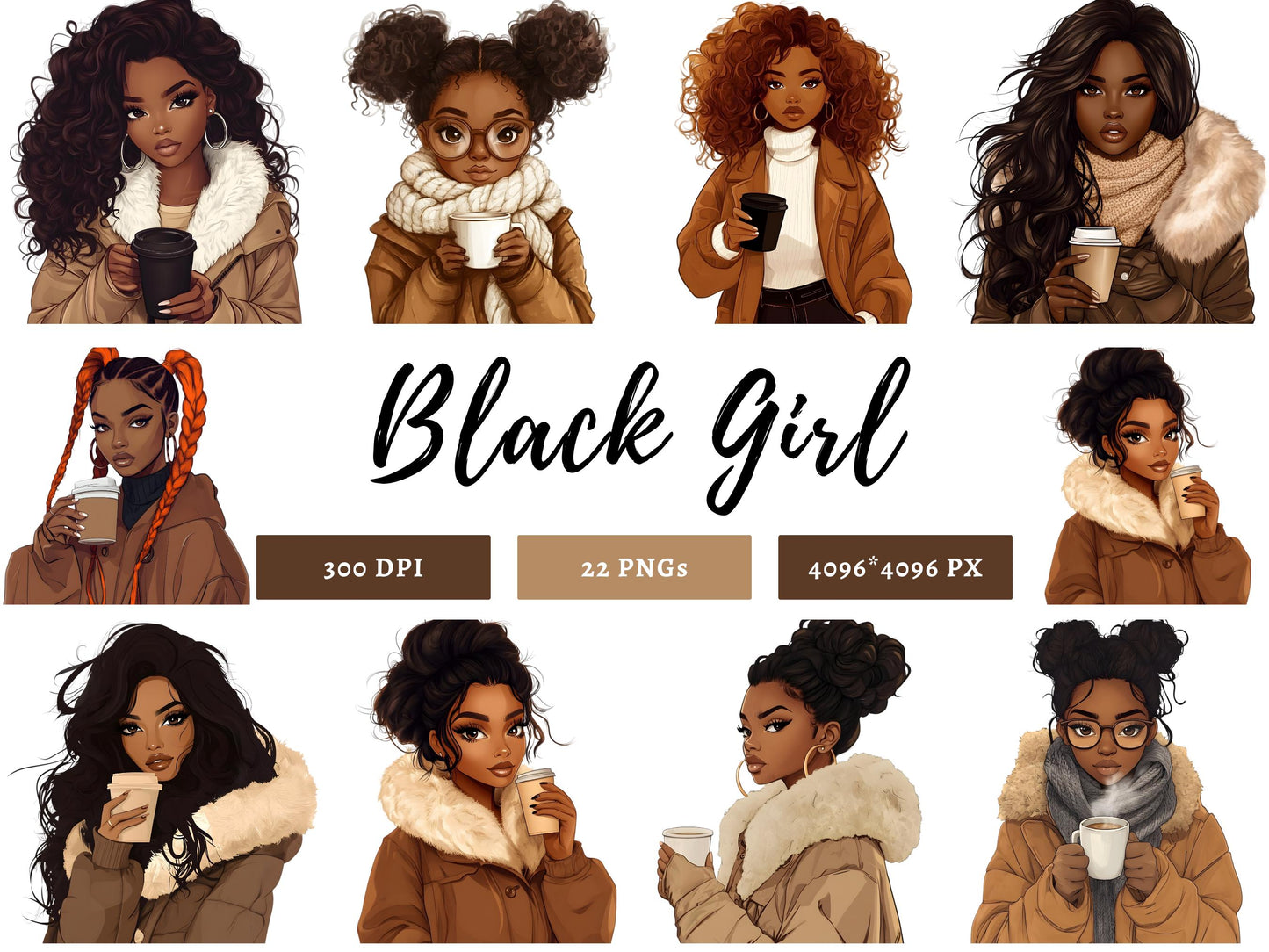 Black Girl Clipart png Bundle, Watercolor Black Girl Clipart, Black Women Clipart png, Fashion Girl Clipart, Black Beauty Girl Clipart