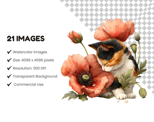 Baby Cat With Flowers Clipart, Cute Cat And Flower Clipart png, Baby Cat Clipart, Floral Cat Clipart, Flower Clipart png, Cat Flower Clipart