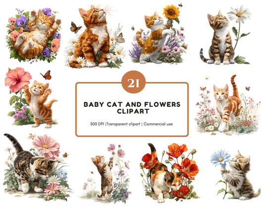 Baby Cat With Flowers Clipart, Cute Cat And Flower Clipart png, Baby Cat Clipart, Floral Cat Clipart, Flower Clipart png, Cat Flower Clipart