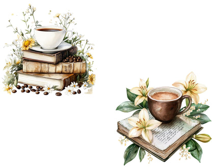 Clipart-Bundle „Kaffee und Buch“ (PNG), Aquarell-Buch-Clipart, Kaffee-Clipart, Buch-Clipart, Blumen-Kaffee (PNG), Blumen-Buch (PNG), Sofort-Download