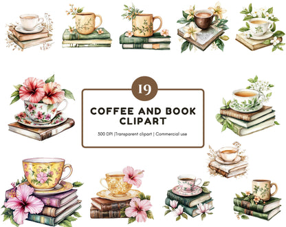 Clipart-Bundle „Kaffee und Buch“ (PNG), Aquarell-Buch-Clipart, Kaffee-Clipart, Buch-Clipart, Blumen-Kaffee (PNG), Blumen-Buch (PNG), Sofort-Download