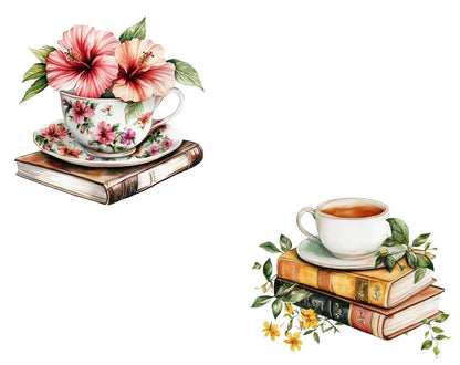 Clipart-Bundle „Kaffee und Buch“ (PNG), Aquarell-Buch-Clipart, Kaffee-Clipart, Buch-Clipart, Blumen-Kaffee (PNG), Blumen-Buch (PNG), Sofort-Download