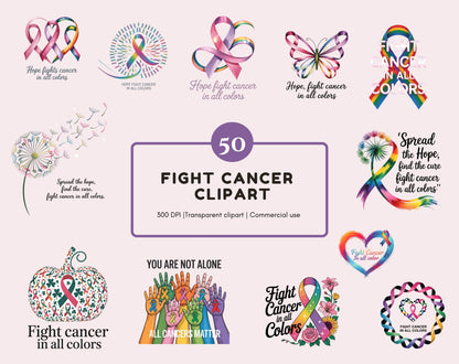 Watercolor Awareness Clipart Bundle, Fight Cancer Clipart png, Cancer Warrior png, Cancer Awareness Clipart Bundle, Cancer png