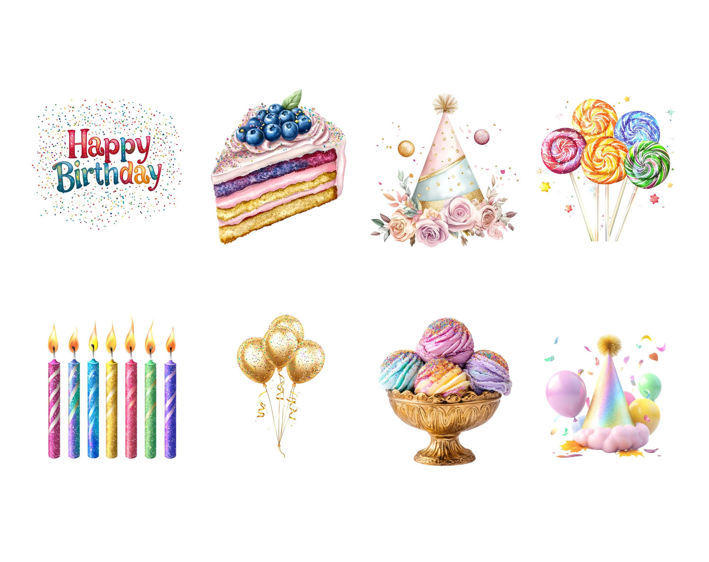 Watercolor Birthday Clipart Bundle png, Birthday Motifs Clipart png Bundle, Birthday Graphics Clipart, Birthday Party Decor Clipart