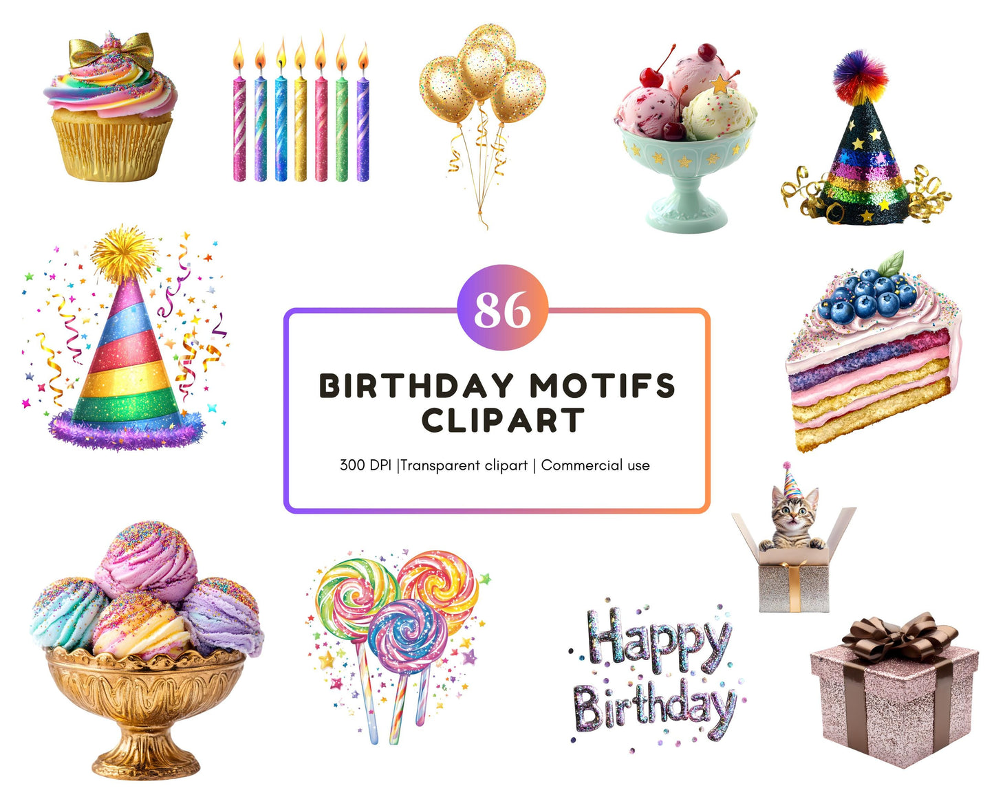 Watercolor Birthday Clipart Bundle png, Birthday Motifs Clipart png Bundle, Birthday Graphics Clipart, Birthday Party Decor Clipart