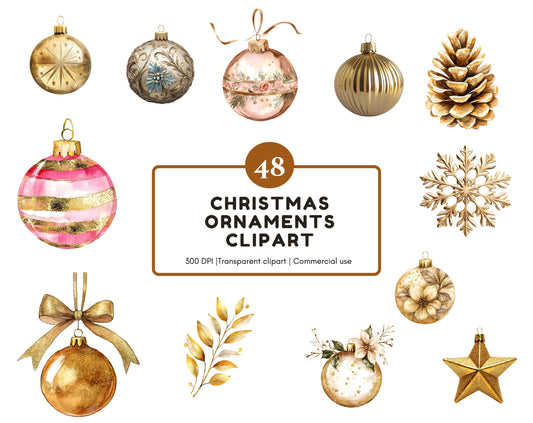 Watercolor Bauble Clipart png Bundle, Christmas Decor Clipart Bundle, Bauble And Decor, Golden Baubles Clipart, Christmas Ornaments Clipart