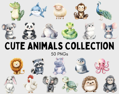 50 niedliche Tier-Cliparts (PNG-Bundle), Aquarell-Tier-Cliparts, Tier-Cliparts, skurrile Tier-Cliparts, Baby-Tier-Cliparts zum Ausdrucken
