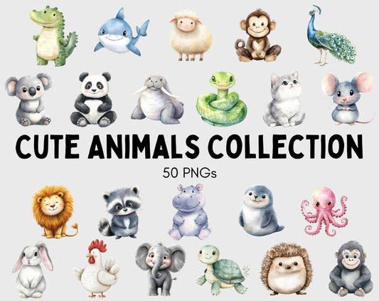 50 Cute Animal Clipart png Bundle, Watercolor Cute Animal Clipart, Animal Clipart, Quirky Animal Clipart, Baby Animal Clipart Printable