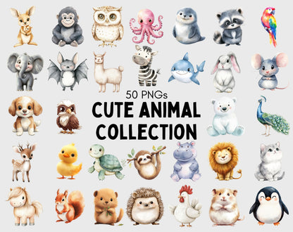 50 niedliche Tier-Cliparts (PNG-Bundle), Aquarell-Tier-Cliparts, Tier-Cliparts, skurrile Tier-Cliparts, Baby-Tier-Cliparts zum Ausdrucken