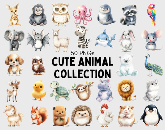50 Cute Animal Clipart png Bundle, Watercolor Cute Animal Clipart, Animal Clipart, Quirky Animal Clipart, Baby Animal Clipart Printable