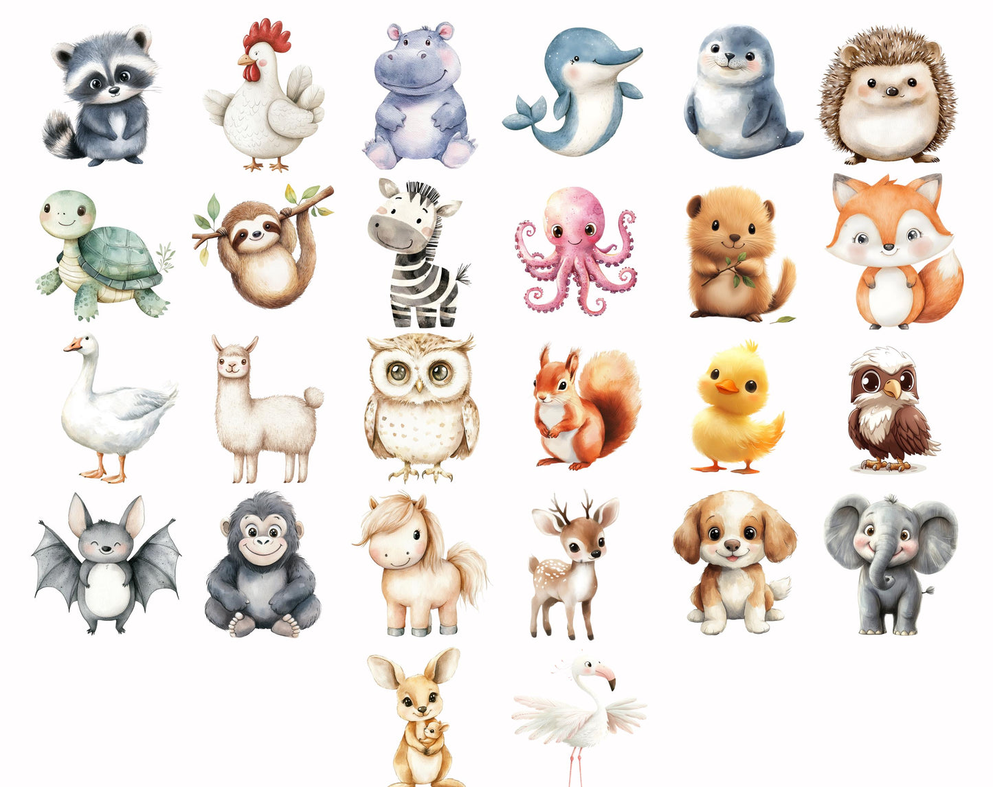 50 niedliche Tier-Cliparts (PNG-Bundle), Aquarell-Tier-Cliparts, Tier-Cliparts, skurrile Tier-Cliparts, Baby-Tier-Cliparts zum Ausdrucken