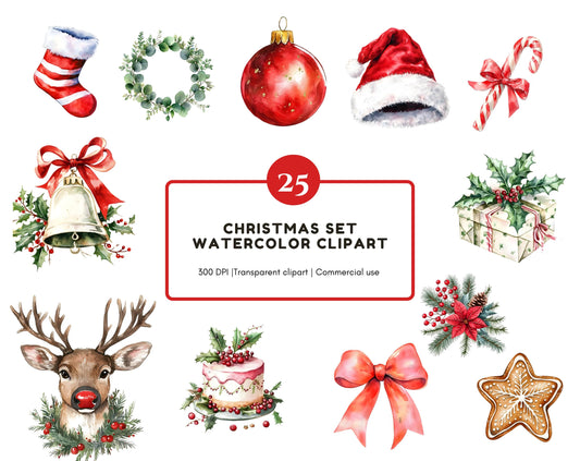 Watercolor Christmas Set Clipart Bundle png, Christmas Elements Clipart, Christmas png, Xmax png, Snowman Clipart, Christmas Santa Clipart