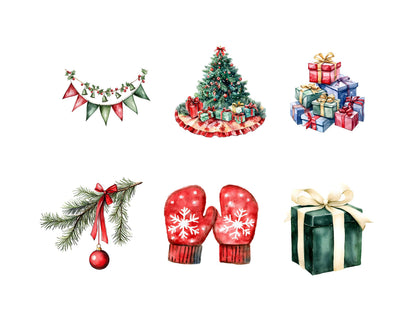 Christmas Elements Clipart Bundle png, Watercolor Christmas Elements Clipart, Christmas Decoration Clipart, Santa Png, Santa Clipart