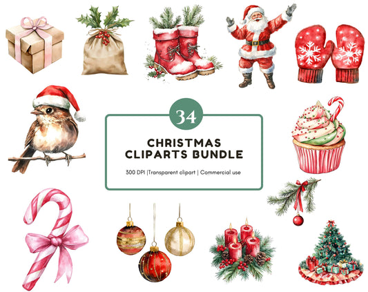 Christmas Elements Clipart Bundle png, Watercolor Christmas Elements Clipart, Christmas Decoration Clipart, Santa Png, Santa Clipart