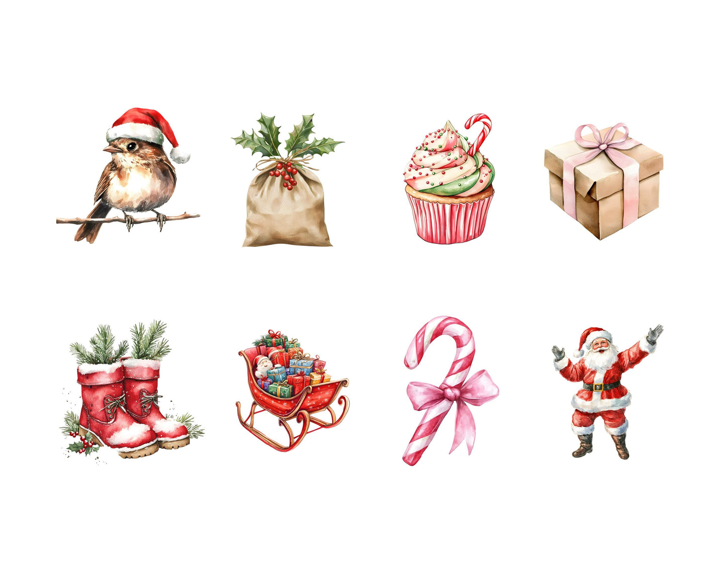 Christmas Elements Clipart Bundle png, Watercolor Christmas Elements Clipart, Christmas Decoration Clipart, Santa Png, Santa Clipart