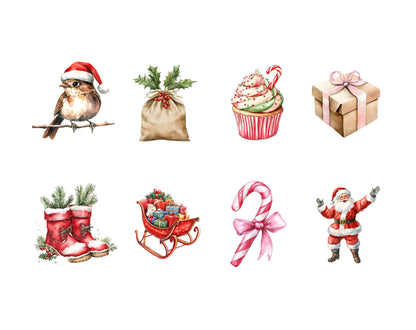 Christmas Elements Clipart Bundle png, Watercolor Christmas Elements Clipart, Christmas Decoration Clipart, Santa Png, Santa Clipart