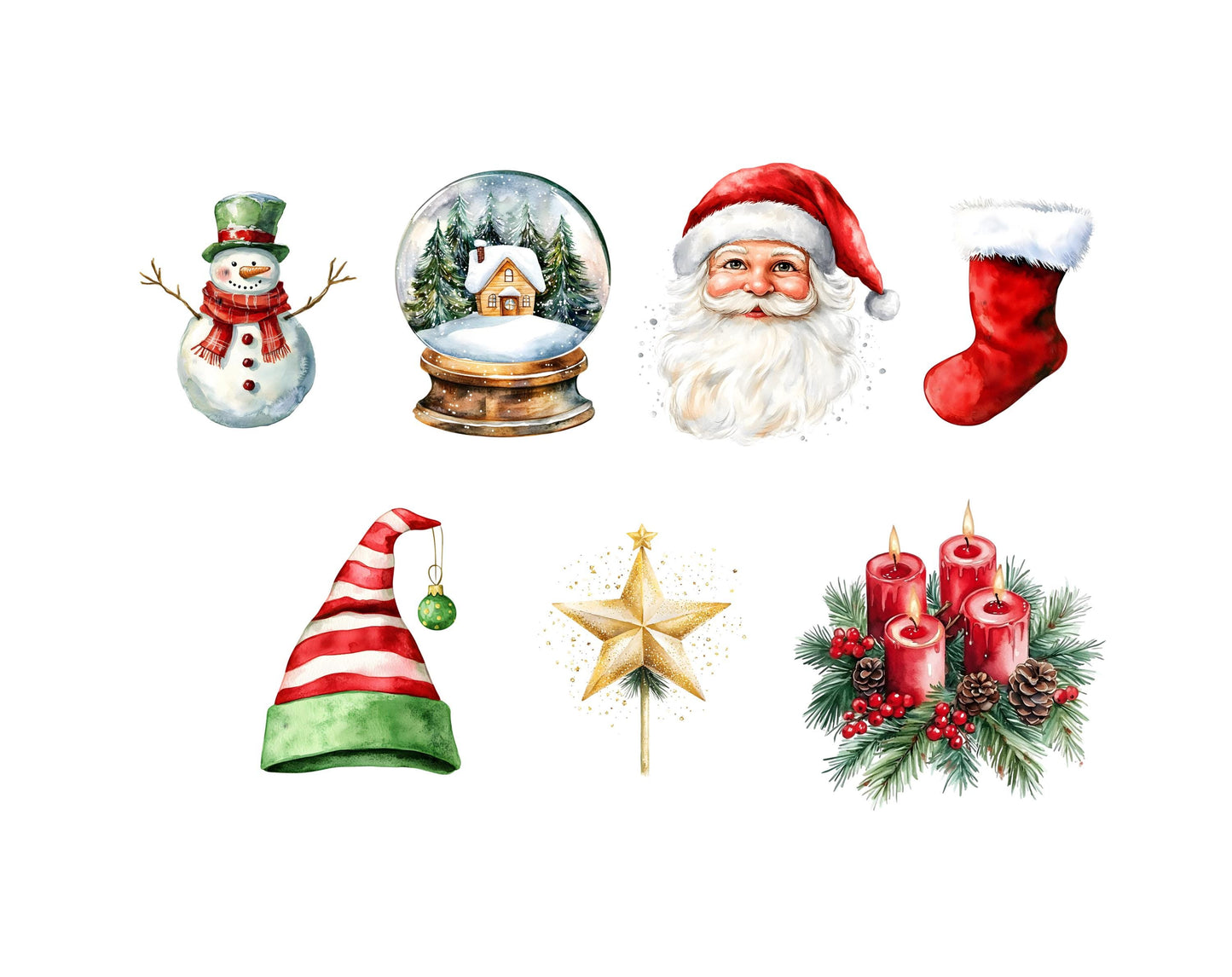 Christmas Elements Clipart Bundle png, Watercolor Christmas Elements Clipart, Christmas Decoration Clipart, Santa Png, Santa Clipart
